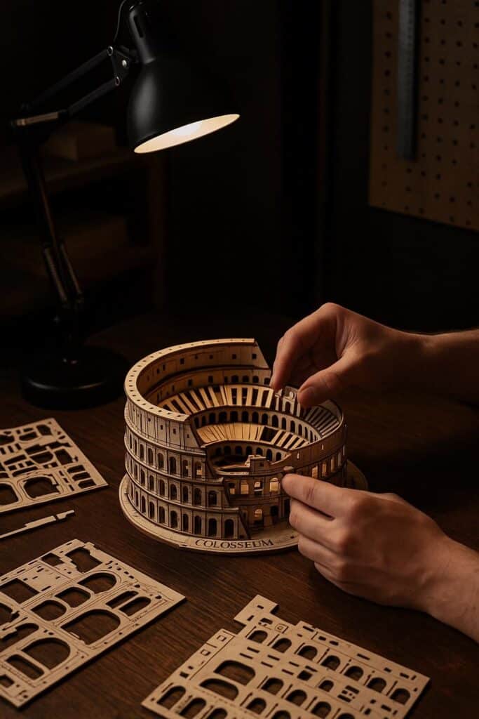 838bd8d960d203b42865d14b43e6d4ee Hands assembling a detailed 3D wooden Colosseum model under a desk lamp. | Sky Rye Design Hands assembling a detailed 3D wooden Colosseum model under a desk lamp.