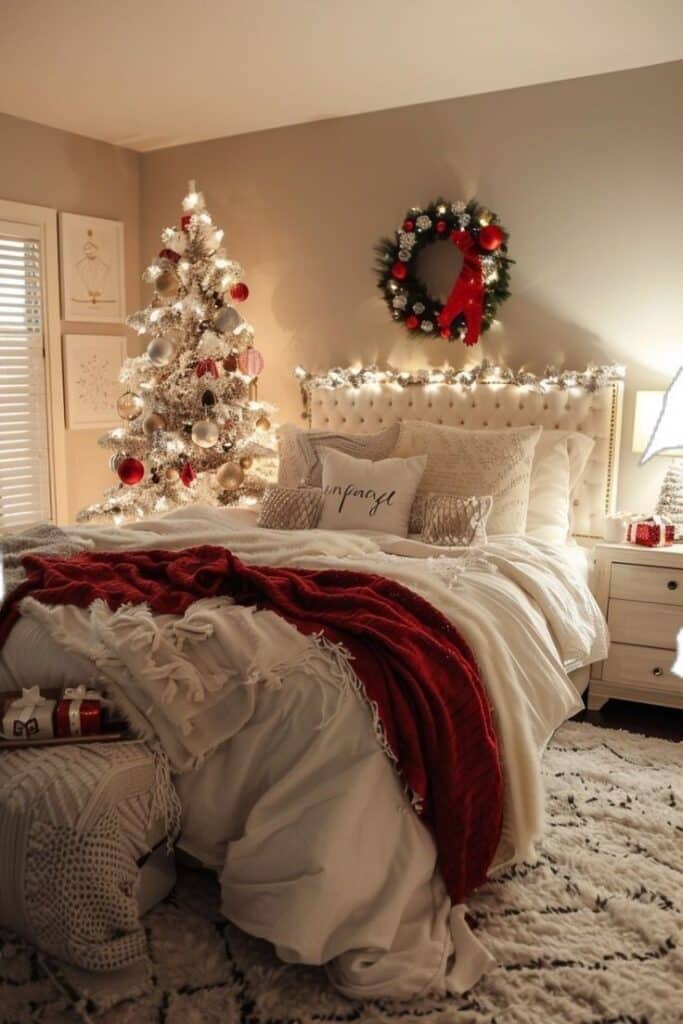 Cozy Christmas bedroom with festive decor, red and white theme, tree, wreath, and plush blankets.
