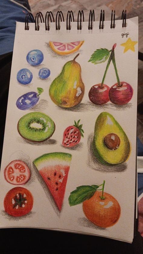846249f25f5e2665f98d971e2f494745 Colorful fruit illustrations including pear, cherries, avocado, and more on a sketchpad page. | Sky Rye Design Colorful fruit illustrations including pear, cherries, avocado, and more on a sketchpad page.