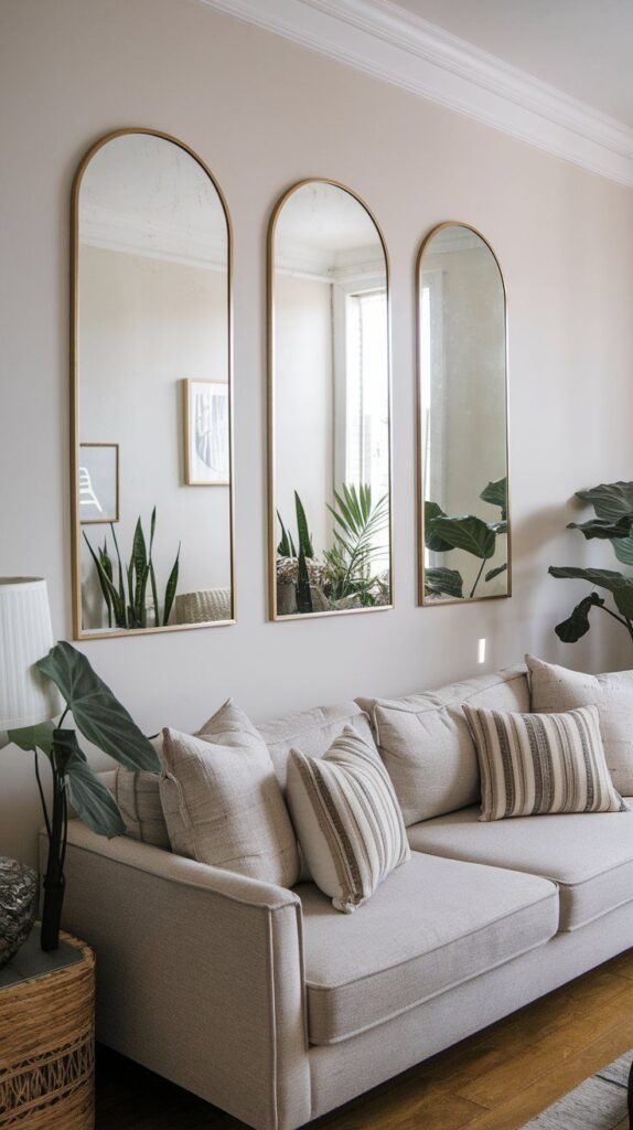 Modern living room with beige sofa, throw pillows, indoor plants, and decorative mirrors on the wall.