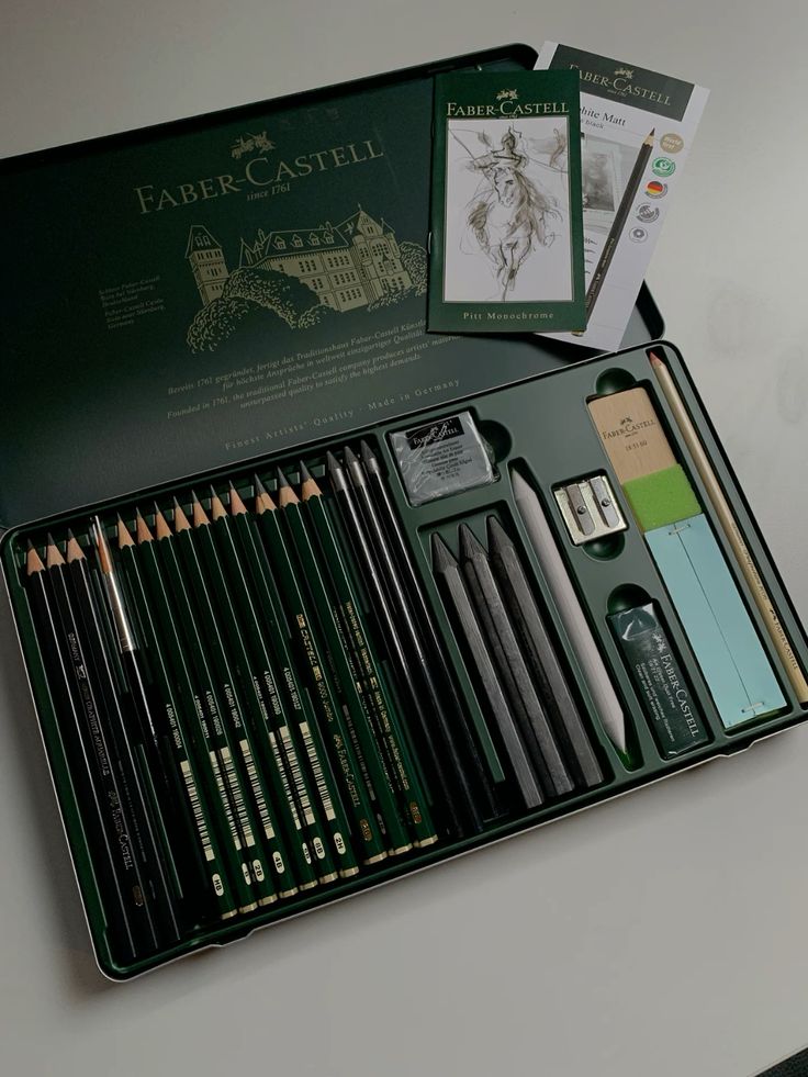 Faber-Castell pencil set with sketching tools in a green case, perfect for artists and illustrators' creative projects.
