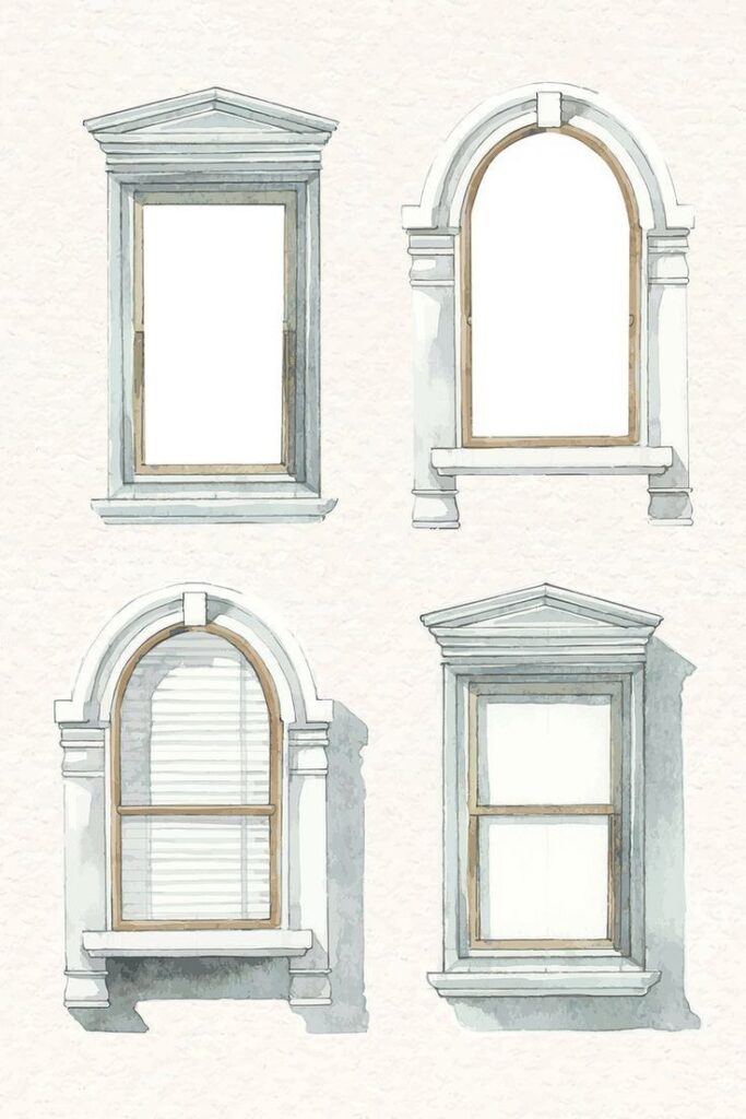 Watercolor illustration of four decorative window frames on a textured background.