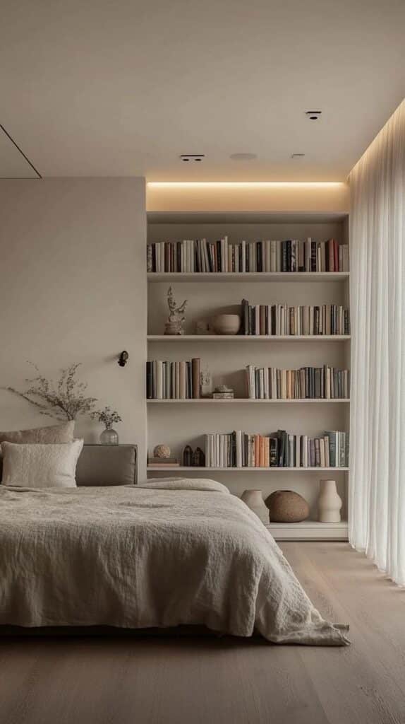 86661d112294a5880464c57d5de759a1 Minimalist bedroom with cozy bed, warm lighting, and a wall of bookshelves filled with decor and books. | Sky Rye Design Minimalist bedroom with cozy bed, warm lighting, and a wall of bookshelves filled with decor and books.