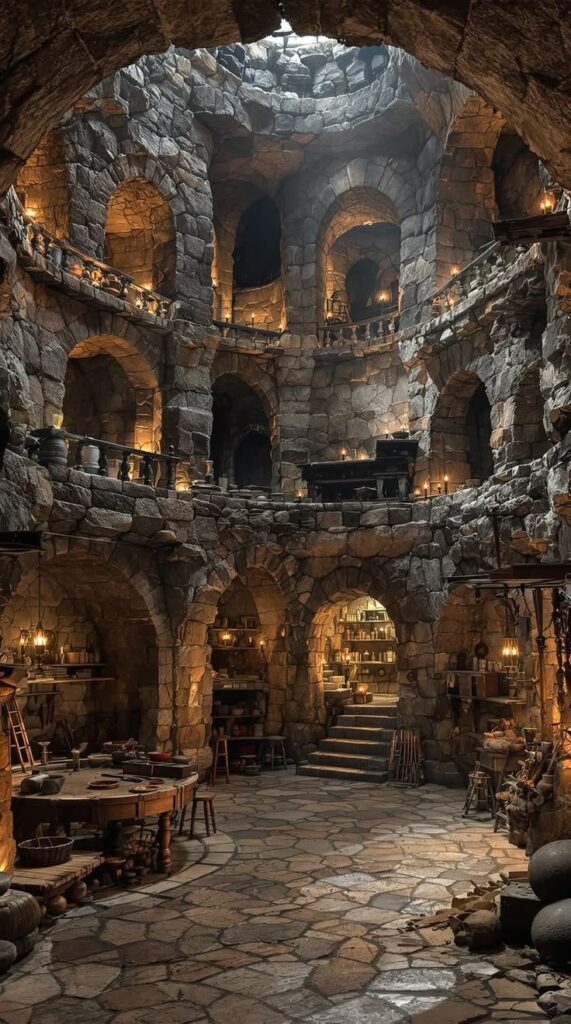 Rustic stone medieval interior with arches, wooden furniture, candlelit ambiance. Cozy and enchanting atmosphere.