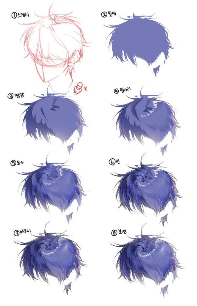 876e152724fad25e51b27db7fd7c56d3 Step-by-step anime hair illustration tutorial showing sketching, shading, and texturing techniques. | Sky Rye Design Step-by-step anime hair illustration tutorial showing sketching, shading, and texturing techniques.
