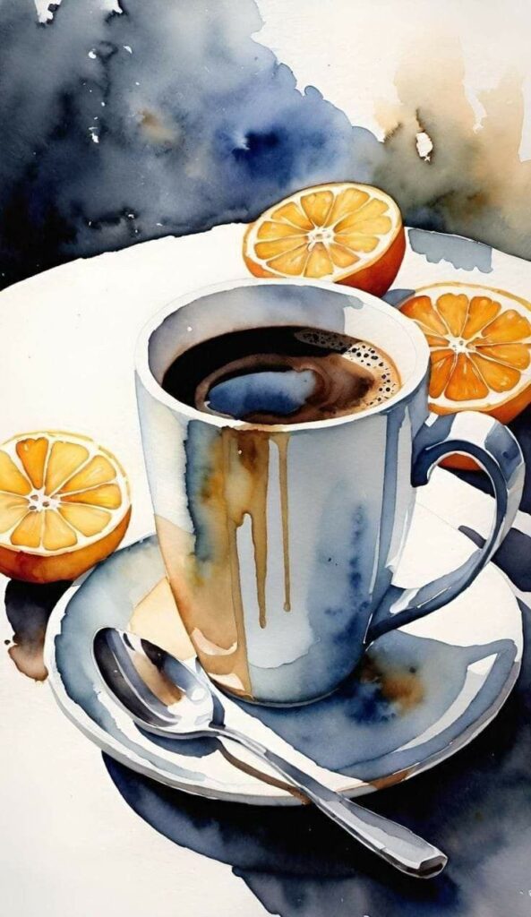 Watercolor painting of a coffee cup with fresh orange slices on a saucer, surrounded by a dreamy, watercolor background.