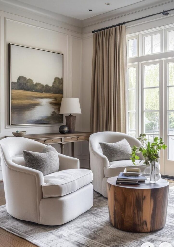 Cozy living room with white armchairs, wooden table, large window, and landscape artwork, styled with neutral decor.