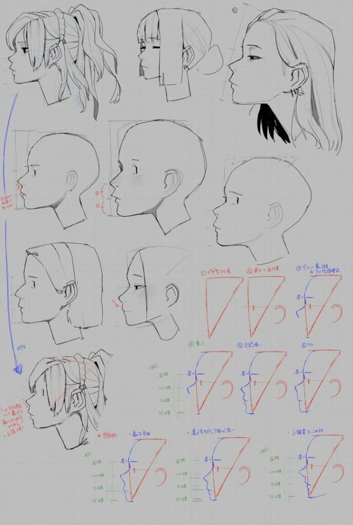 Anime profile drawing guide with character sketches and proportional diagrams.