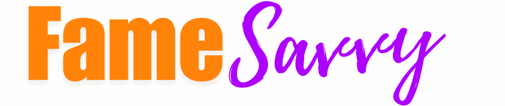 8856C98F-FC3E-4B8E-B34A-10351B5BFBAF Fame Savvy logo in bold orange and purple script on white background. | Sky Rye Design Fame Savvy logo in bold orange and purple script on white background.