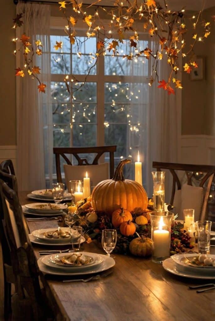 Cozy autumn dinner setup with pumpkins, candles, and fall leaves, creating a warm, festive atmosphere.