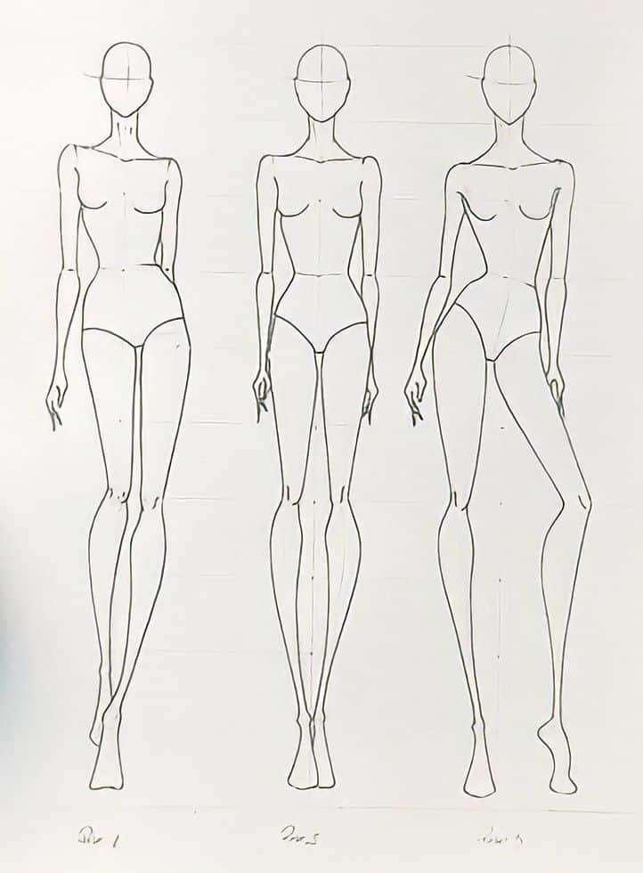 Fashion design sketch of three female figure templates, showcasing diverse body proportions and poses.