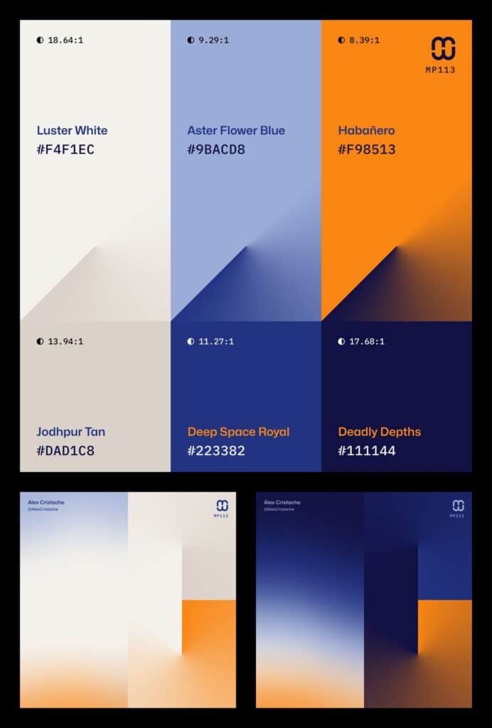 Color palette featuring Luster White, Aster Flower Blue, Habañero, Jodhpur Tan, Deep Space Royal, Deadly Depths with hex codes.