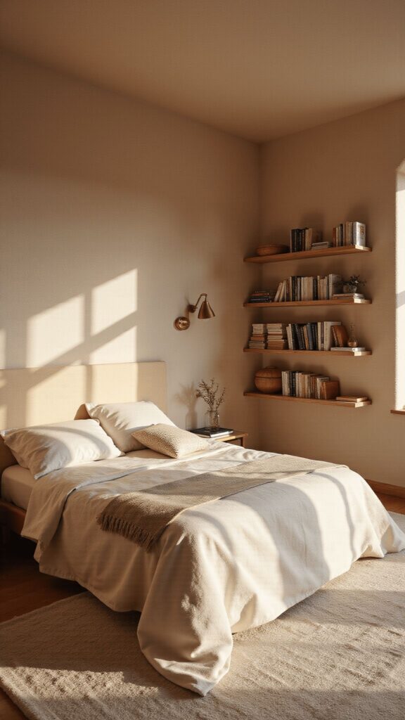 895032fb5c0766d3741d85e2a733bf22 Cozy minimalist bedroom with neutral tones, natural light, and wall-mounted shelves filled with books and decor. | Sky Rye Design Cozy minimalist bedroom with neutral tones, natural light, and wall-mounted shelves filled with books and decor.