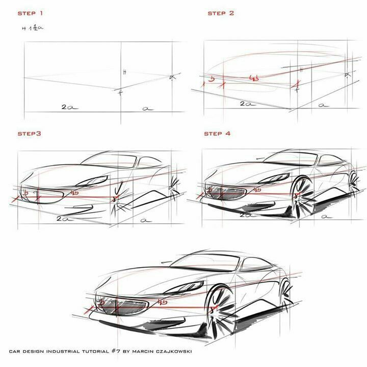 89a9d9c7e30b7ad6f7656bed66296027 Car design sketch tutorial in four steps, showcasing drawing progress and techniques. | Sky Rye Design Car design sketch tutorial in four steps, showcasing drawing progress and techniques.
