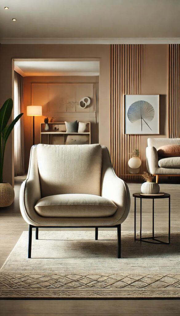 89ac1ba48a60424b6d8565a04a2cc1f4 Contemporary living room with a beige armchair, modern artwork, and stylish decor for a cozy ambiance. | Sky Rye Design Contemporary living room with a beige armchair, modern artwork, and stylish decor for a cozy ambiance.