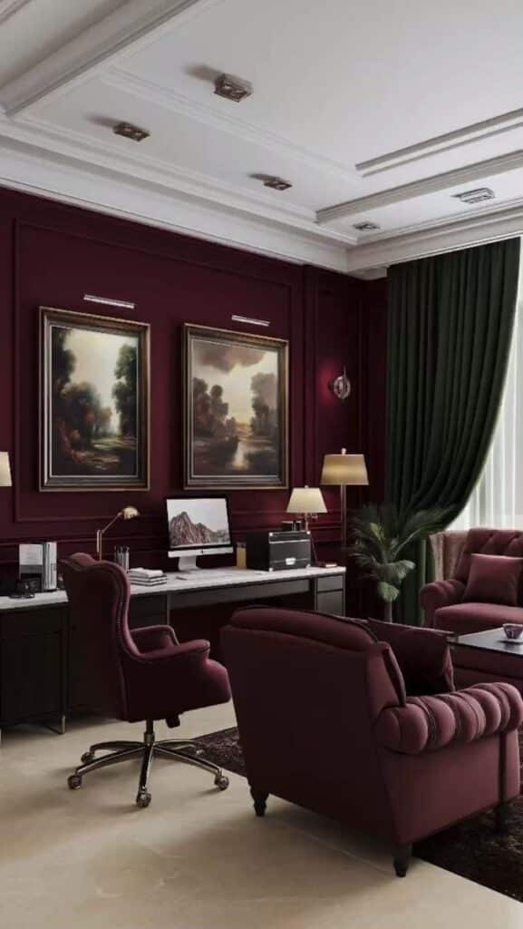 89d7bbd1-d464-4e51-be6d-21c5e791b611 Luxurious home office with burgundy furniture, elegant paintings, green curtains, and a sleek computer setup. | Sky Rye Design Luxurious home office with burgundy furniture, elegant paintings, green curtains, and a sleek computer setup.