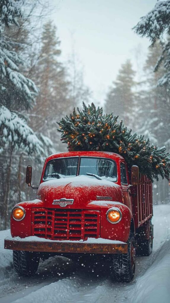 Vintage red truck carrying a lit Christmas tree through a snowy forest scene.