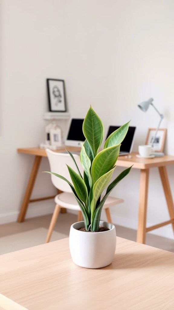 8a0bdfa7c00e2642c74f84dcc889e643 Potted green plant on light wooden desk with laptop and decor in minimalist home office setting. | Sky Rye Design Potted green plant on light wooden desk with laptop and decor in minimalist home office setting.