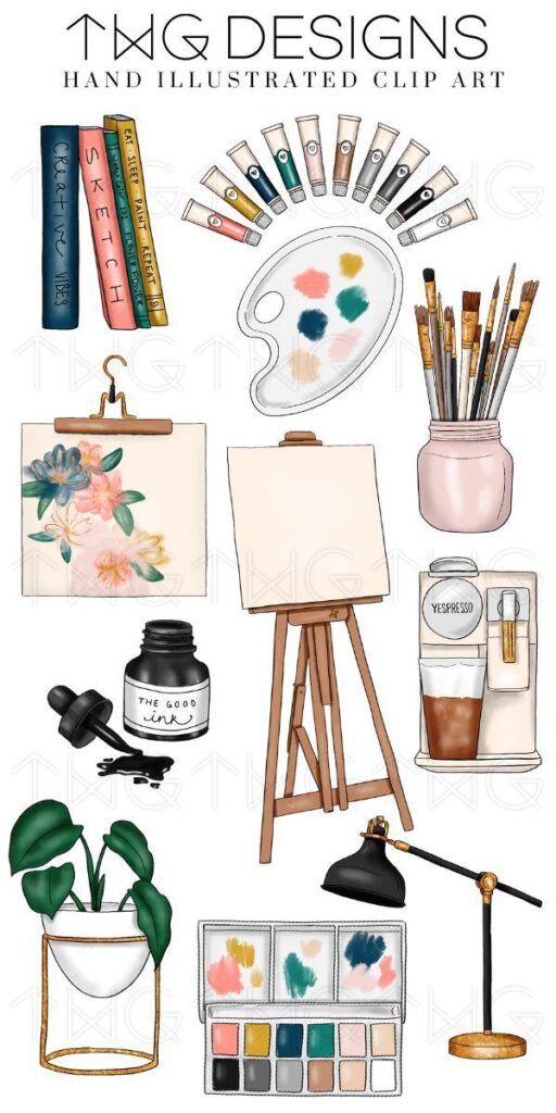 Art supplies illustration with books, palette, brushes, easel, coffee, ink, painting, and houseplant. Perfect for creatives.