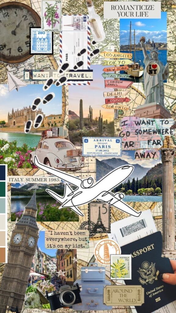 Travel-themed collage with maps, passport, landmarks, and wanderlust quotes. Explore and romanticize your journey.