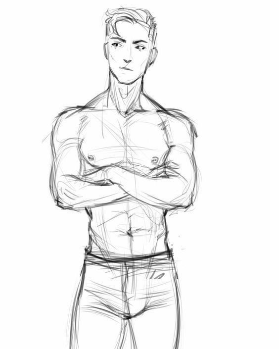 Sketch of a confident, muscular man standing shirtless with crossed arms, highlighting strength and posture.
