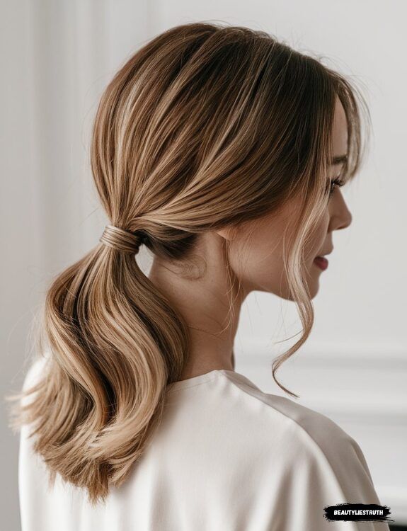 Woman with stylish low ponytail hairstyle, featuring blonde highlights, in a white top, viewed from the side.