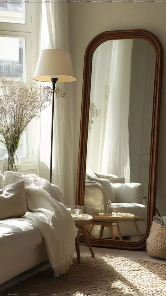 Cozy room with a floor mirror, lamp, and soft textiles beside a window, creating a warm, inviting atmosphere.