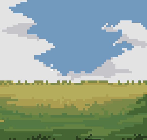 Pixel art landscape with blue sky, fluffy clouds, and a green field, evoking retro gaming nostalgia.