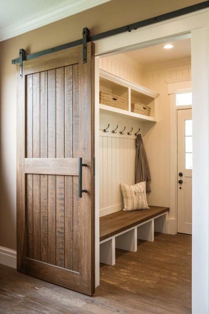 Rustic farmhouse mudroom with a wooden sliding barn door, coat hooks, bench, and storage baskets.