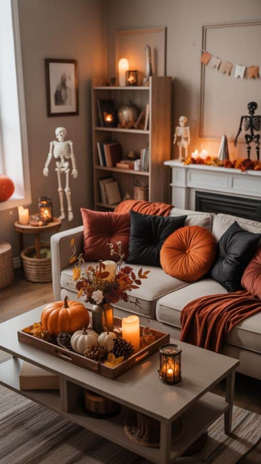 8e8868ea6a5d6c06b8e7d48dcfce4ca2 Cozy Halloween-themed living room with pumpkins, candles, skeleton decor, and autumn accents creating a warm ambiance. | Sky Rye Design Cozy Halloween-themed living room with pumpkins, candles, skeleton decor, and autumn accents creating a warm ambiance.