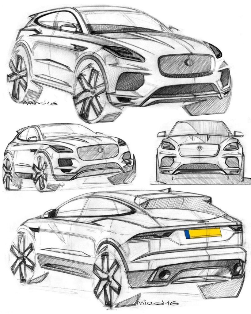 8f338c86f1df7c285733d0f665f6aa7a Concept sketches of a sleek sports SUV design, showcasing front, side, and rear perspectives in pencil. | Sky Rye Design Concept sketches of a sleek sports SUV design, showcasing front, side, and rear perspectives in pencil.