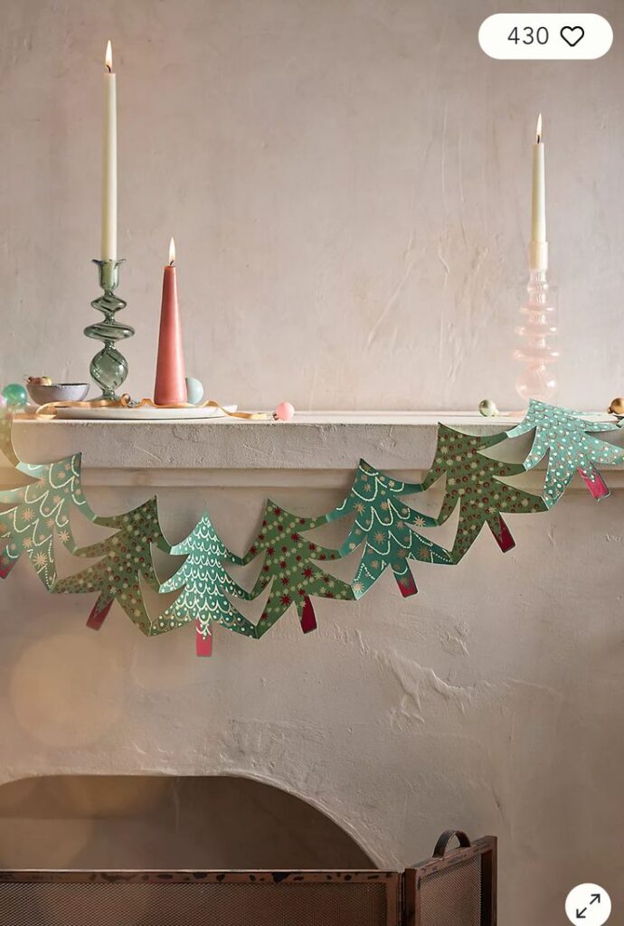 _ 9 Festive mantel with Christmas tree paper garland and candles, creating a cozy holiday ambiance. | Sky Rye Design Festive mantel with Christmas tree paper garland and candles, creating a cozy holiday ambiance.