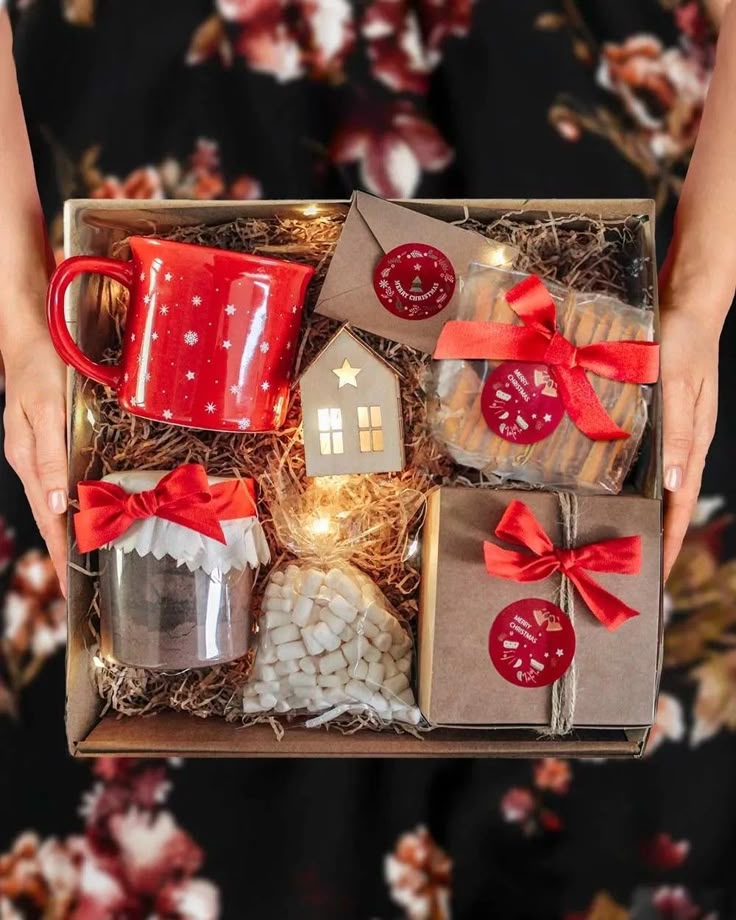 _ 9 Holiday gift box with red mug, candles, treats, and festive decorations. Perfect Christmas or holiday gift idea. | Sky Rye Design Holiday gift box with red mug, candles, treats, and festive decorations. Perfect Christmas or holiday gift idea.