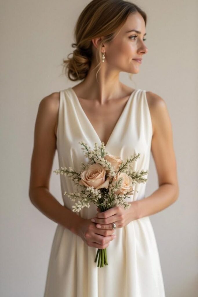 Bride in elegant white gown holding a bouquet of peach roses, gazing sideways.
