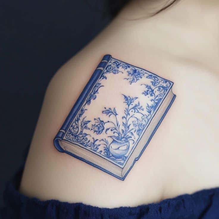 _ 9 Ornate blue book tattoo on shoulder, featuring intricate floral designs. | Sky Rye Design Ornate blue book tattoo on shoulder, featuring intricate floral designs.