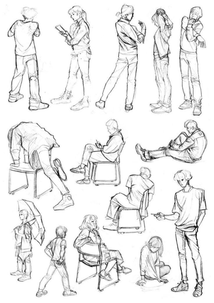 Sketches of 12 people in various poses: standing, sitting, stretching, with detailed clothing and accessories.
