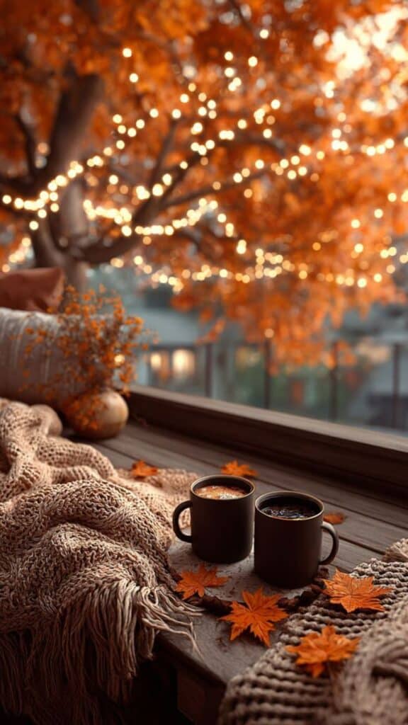 Cozy autumn scene with two mugs on a knit blanket, surrounded by leaves and twinkle lights in the background. Fall
