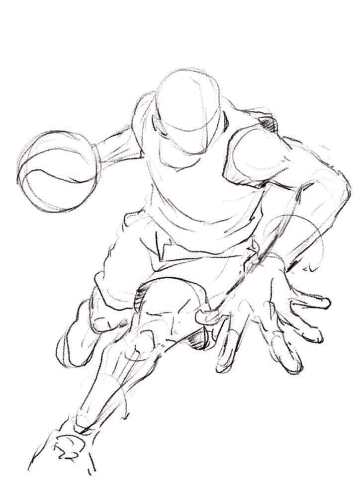Dynamic sketch of a basketball player dribbling, showcasing athletic movement and action.