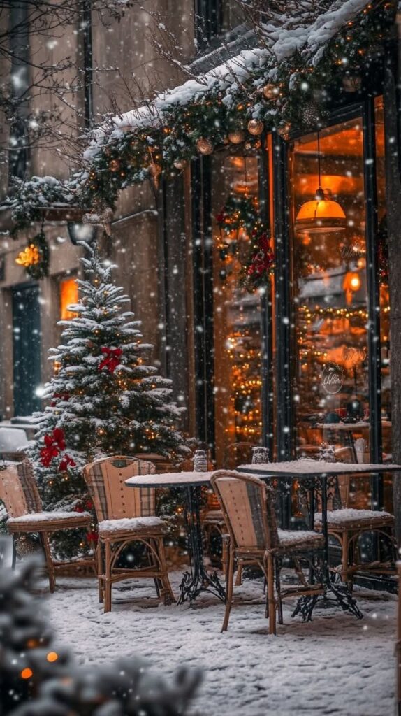 _ 9 Cozy winter café scene with snow, decorated tree, and warm lights, perfect for a festive holiday atmosphere. | Sky Rye Design Cozy winter café scene with snow, decorated tree, and warm lights, perfect for a festive holiday atmosphere.