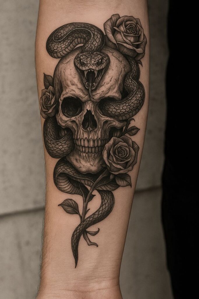 Detailed tattoo of a skull entwined with a snake and roses on a forearm.