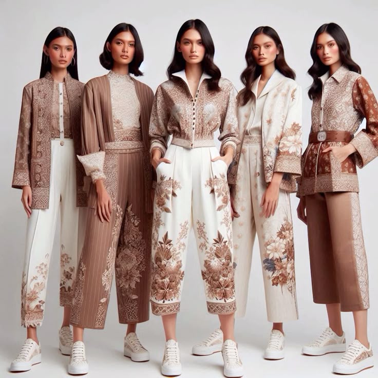 Models wearing stylish, earth-toned floral outfits with intricate patterns, standing against a neutral background.