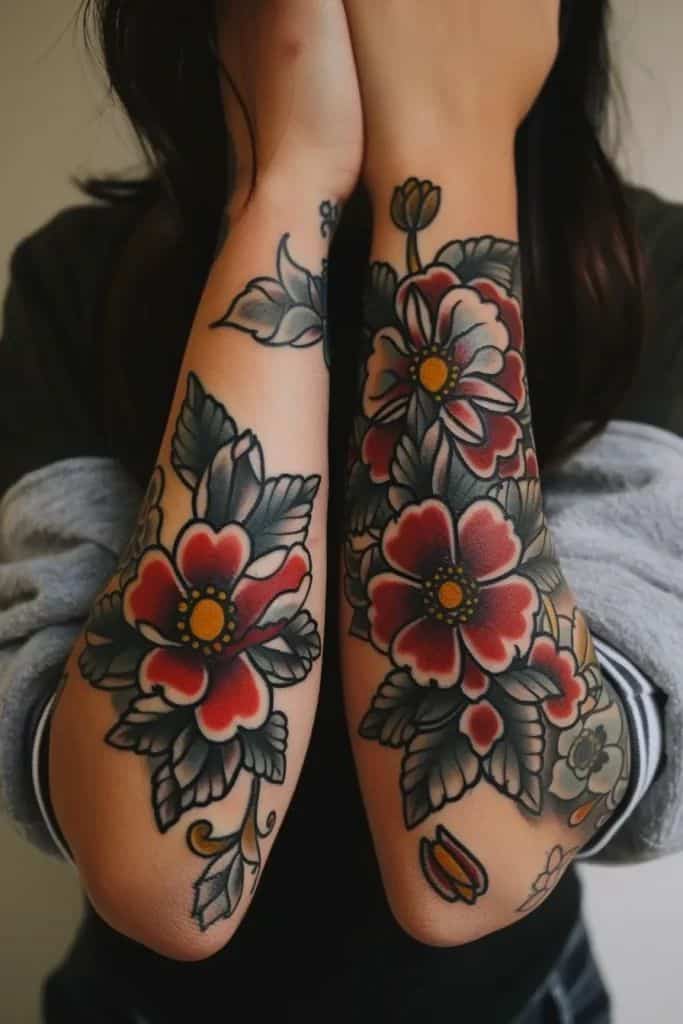 Vibrant floral tattoos with red petals and green leaves adorning forearms, showcasing artistic body art.