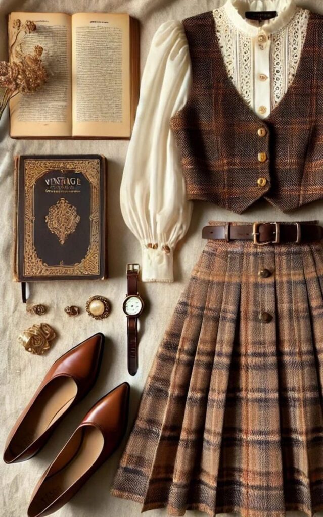 Vintage autumn outfit with plaid skirt, brown vest, white blouse, accessories, books, shoes, and a watch.