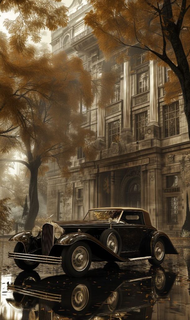 Vintage car parked on a rainy street with autumn leaves and a grand historic building in the background.