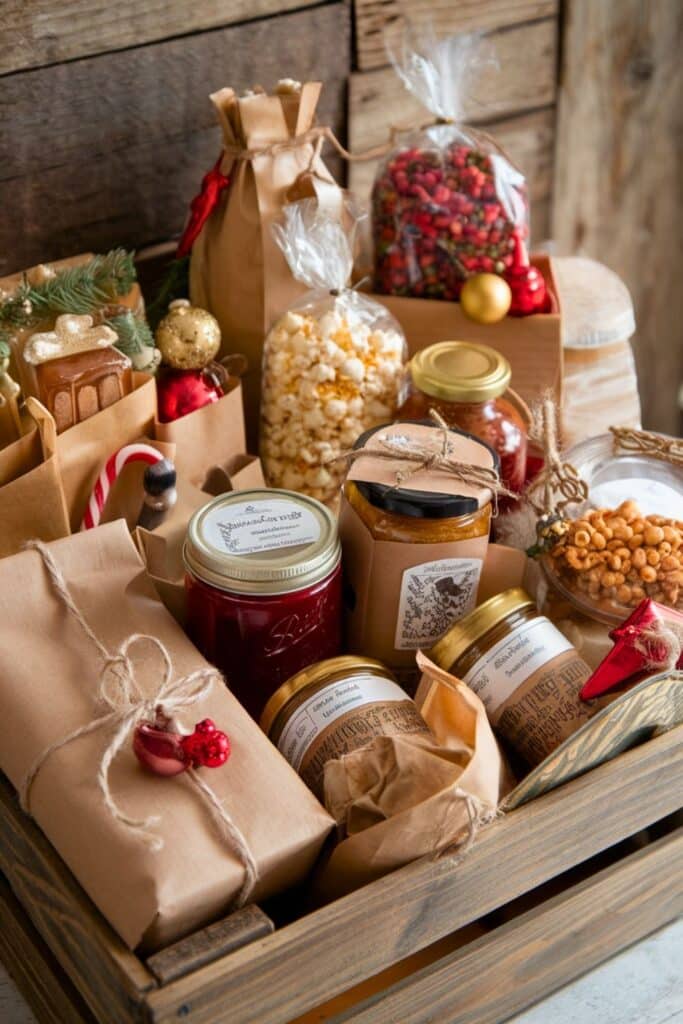 Gift basket with assorted holiday treats in rustic packaging, including jars, popcorn, and festive decorations.