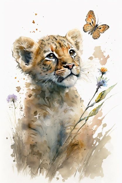 Watercolor painting of a curious lion cub gazing at a fluttering butterfly amidst wildflowers.