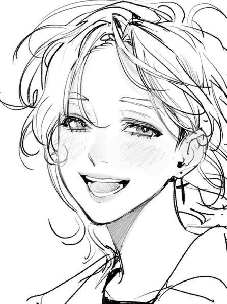 914cc181571c2823e979880275098816 Smiling anime-style character sketch with messy hair and earrings, conveying joy and creativity. | Sky Rye Design Smiling anime-style character sketch with messy hair and earrings, conveying joy and creativity.