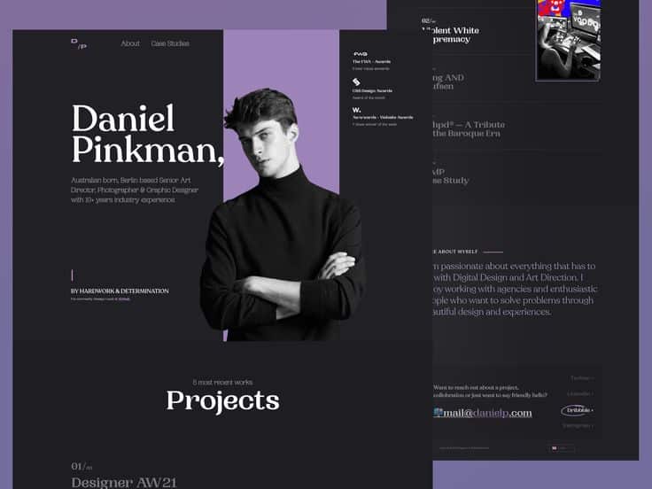 Stylish portfolio website of a designer with a purple and black theme, showcasing projects and contact information.
