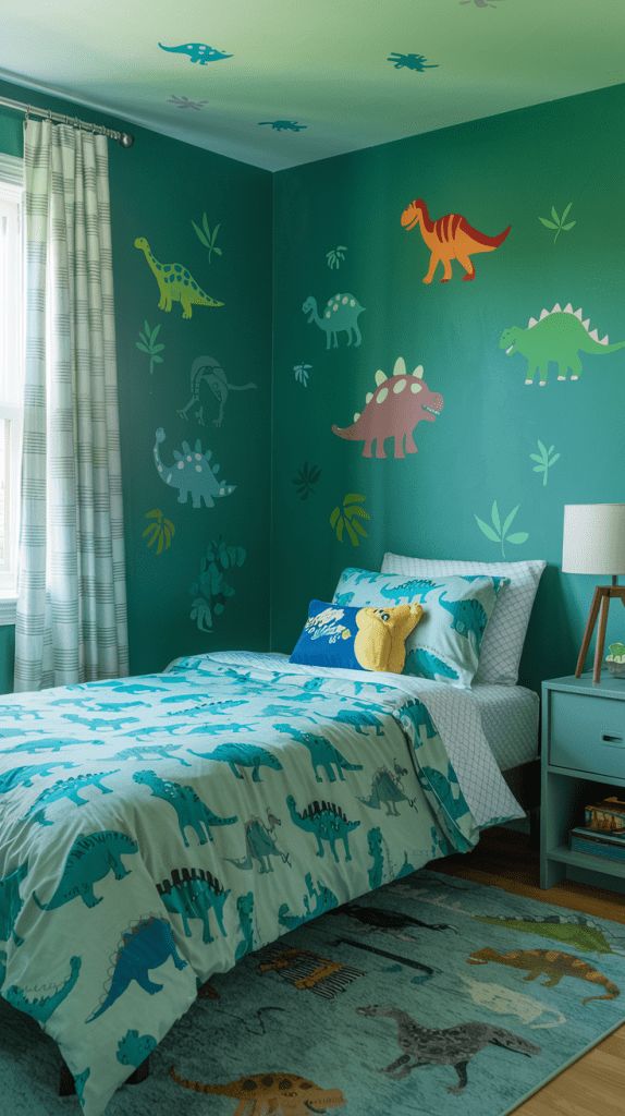 932bbb25ece96bd482a516d40f29dfea Dinosaur-themed kids' bedroom with wall decals, bedding, and curtains, featuring vibrant colors and playful design. | Sky Rye Design Dinosaur-themed kids' bedroom with wall decals, bedding, and curtains, featuring vibrant colors and playful design.