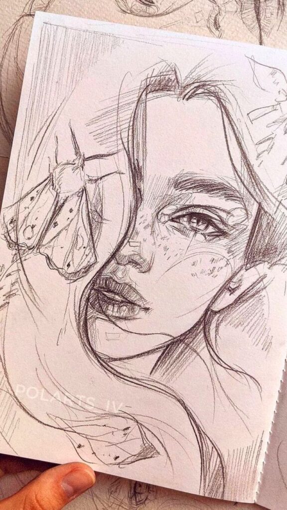 Pencil sketch of a woman's face with a moth, featuring detailed shading and artistic line work.